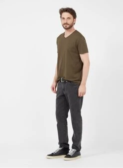 Ikks Khaki Slim-fit V-neck Slub Cotton T-shirt -Deals Mode Modee Store 3060271
