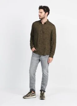 Ikks Khaki Printed Viscose Shirt With Classic Collar -Deals Mode Modee Store 3952380