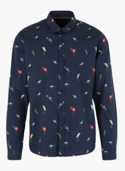 LE TEMPS DES CERISES BIRDY - Blue Regular-fit Printed Cotton Shirt With Classic Collar