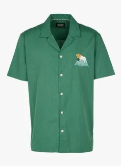 Scotch And Soda Khaki Embroidered Organic Cotton Blend Shirt With Classic Collar