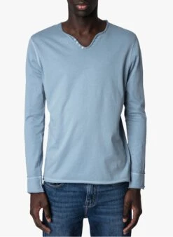 Zadig & Voltaire MONASTIR - Blue Cotton Henley T-shirt -Deals Mode Modee Store 4039827